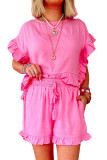 Pink Ruffled Hem Short Sleeve Elastic Drawstring Waist Pocketed Shorts Set