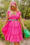 Pink Plus Size Solid Frill Tiered V Neck Smocked Dress