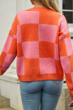 Checked V Neck Button Front Open Knitting Cardigan 