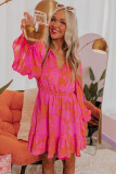 Rose Abstract Printed Puff Sleeve Ruffle Flowy Dress