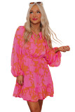 Rose Abstract Printed Puff Sleeve Ruffle Flowy Dress