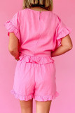 Pink Ruffled Hem Short Sleeve Elastic Drawstring Waist Pocketed Shorts Set