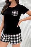 Black Plaid Pockets Short Sleeves Top With Shorts 2pcs Lounge Set