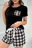 Black Plaid Pockets Short Sleeves Top With Shorts 2pcs Lounge Set