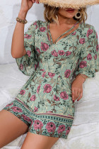 Green Floral Print One Piece Romper 