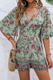 Green Floral Print One Piece Romper 