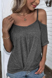 Gray Spaghetti Straps Off-shoulder Pleated Short Sleeve Top