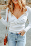 White Cable Crossed V Neck Sweater