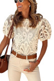 Apricot Crochet Lace Hollowed Puff Sleeve Blouse