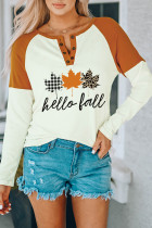 Brown Hello Fall Leaves Print Graphic Colorblock Henley Top