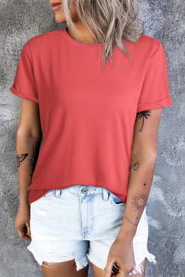 Red Solid Color Crew Neck Tee