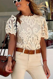 Apricot Crochet Lace Hollowed Puff Sleeve Blouse