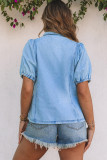 Sky Blue Short Bubble Sleeve Snap Button Denim Shirt