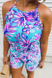 Purple Floral Print Pocketed Frill Sleeveless Romper