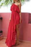 Red One Shoulder Ruffle High Low Maxi Dress