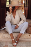 Beige Lace Crochet Embroidered V Neck Blouse