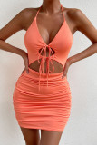 Orange Hollow Out Ruched Halter Bodycon Dress