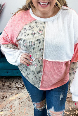 Pink Leopard Patchwork Color Block Knitted Plus Size Top