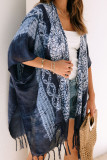 Blue Tie Dye Short Sleeves Tassels Kimono