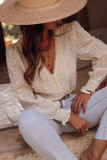 Beige Lace Crochet Embroidered V Neck Blouse