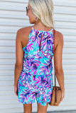 Purple Floral Print Pocketed Frill Sleeveless Romper
