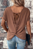 Brown Lace-up Open Back Waffle Knit Short Sleeve T Shirt