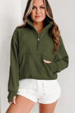 Green Zip Up Stand Collar Ribbed Thumbhole Sleeve Sweatshirt
