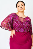 Red Sequin Mesh Open Back Plus Size Maxi Dress