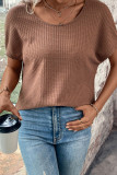Brown Lace-up Open Back Waffle Knit Short Sleeve T Shirt