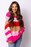 Red Mix Horizon Stripes Dolman Sleeve Sweater