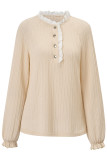 Plain Texture Cable Buttoned Lace Edge Long Sleeves Top