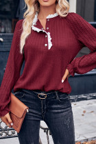 Plain Texture Cable Buttoned Lace Edge Long Sleeves Top