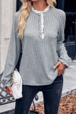 Plain Texture Cable Buttoned Lace Edge Long Sleeves Top