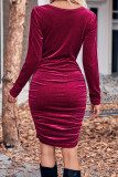 Long Sleeves Velvet Smocked Dress 