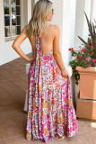 Pink Lace-up Halter Backless High Waist Floral Maxi Dress