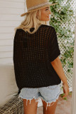 Black Fishnet Knit Ribbed Round Neck Short Sleeve Sweater Tee