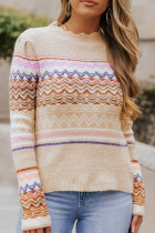 Khaki Geometric Print Knitted Long Sleeve Sweater