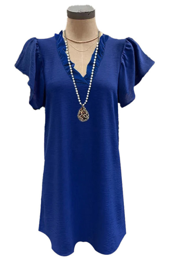 Blue V Neck Ruffle Dress 