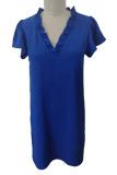Blue V Neck Ruffle Dress 