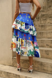 High Waist Printing Tiered Ruffle Skirt Dress 