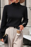 Plain Button Cuff High Collar Knit Sweater