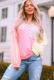 Rose Striped Color Block Splicing Long Sleeve T Shirt