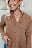 Brown V Neck Collared  Retro Waffle Long Sleeve Top
