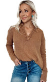 Brown V Neck Collared  Retro Waffle Long Sleeve Top
