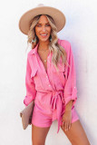 Rose Roll Tab Sleeve Button Shirt Style Belted Romper