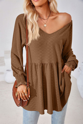 Plain V Neck Jacquard Babydoll Top