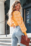 Yellow Flower Puff Sleeve Ribbed Knit Top