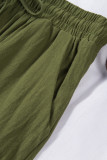 Green Drawstring Elastic Waist Pockets Long Straight Legs Pants