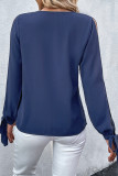 Dark Blue V Neck Lace Hollow Out Long Sleeves Blouse
