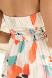 Khaki Strapless Shirred Abstract Print Split Long Dress